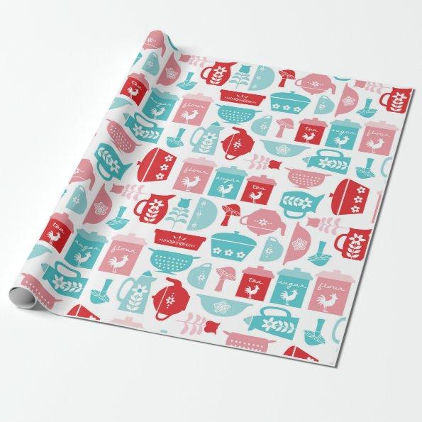 RetroRed and Blue Kitchen Pattern Wrapping Paper
