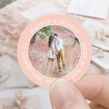Return Address & Photo Elegant Blush Pink & White Classic Round Sticker