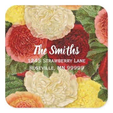 Return Address Vintage Red White Pink Yellow Roses Square Sticker
