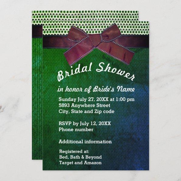 Ribbon, Lace, Green & Blue Burlap Bridal Shower Invitations