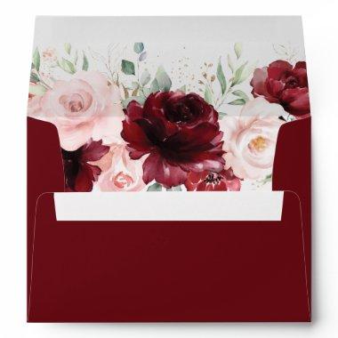 Rich Burgundy Blush Floral Invitations Wedding A7 Envelope