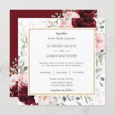 Rich Burgundy Blush Pink Floral Wedding Square Invitations