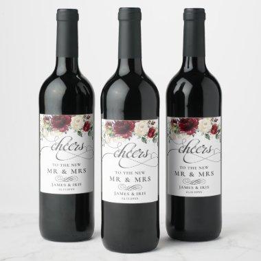 Rich Burgundy Red Ivory White Floral Wedding Wine Label