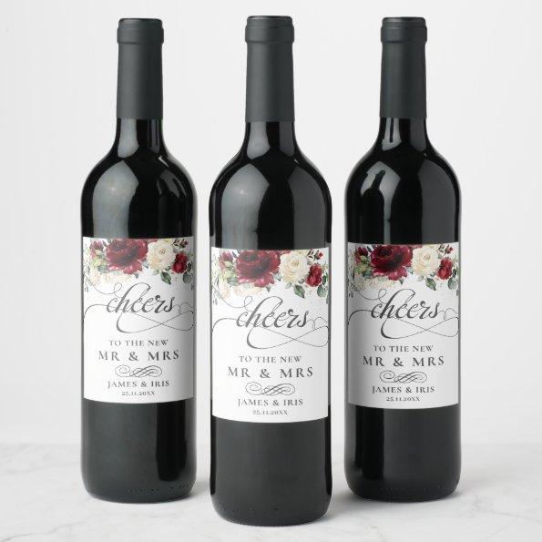 Rich Burgundy Red Ivory White Floral Wedding Wine Label