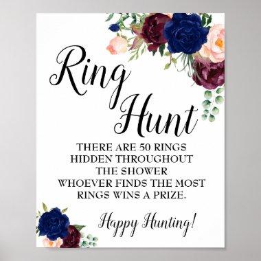 Ring hunt game Bridal shower navy floral sign
