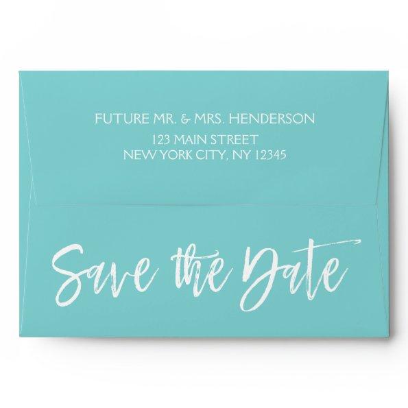 Robin Egg Blue and White Save the Date Envelope