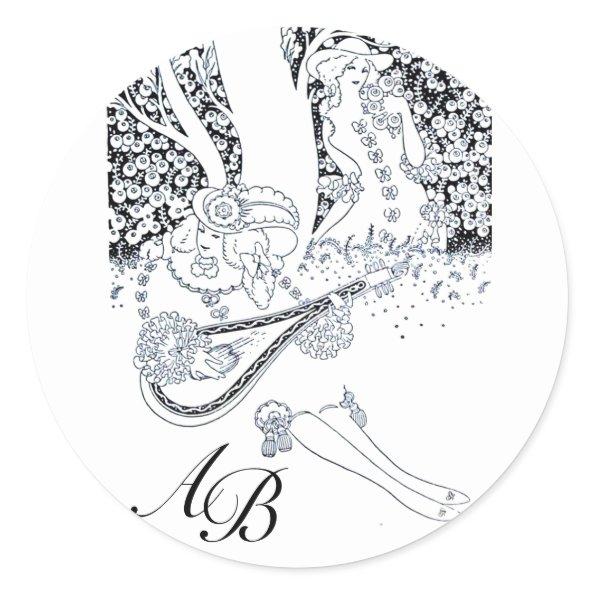 ROMANCE /ROMANTIC LOVERS BLACK WHITE MONOGRAM CLASSIC ROUND STICKER