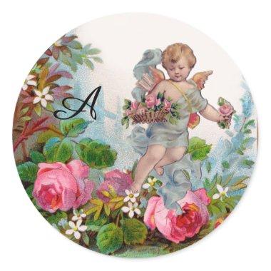 ROMANTIC ANGEL GATHERING PINK ROSES AND FLOWERS CLASSIC ROUND STICKER