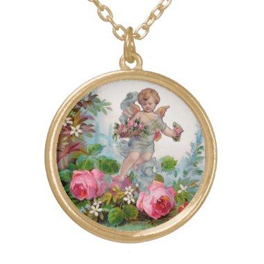 ROMANTIC ANGEL GATHERING PINK ROSES AND FLOWERS GOLD PLATED NECKLACE