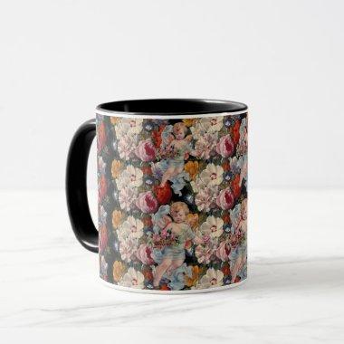 ROMANTIC ANGEL GATHERING PINK ROSES AND FLOWERS MUG