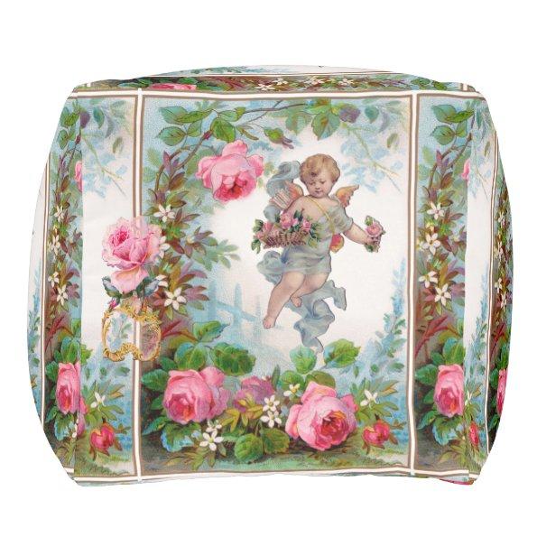 ROMANTIC ANGEL GATHERING PINK ROSES AND FLOWERS POUF