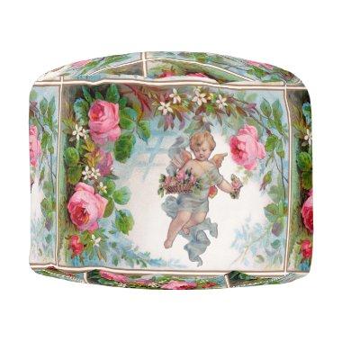 ROMANTIC ANGEL GATHERING PINK ROSES AND FLOWERS POUF