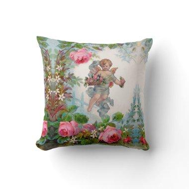 ROMANTIC ANGEL GATHERING PINK ROSES AND FLOWERS TH THROW PILLOW