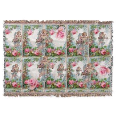 ROMANTIC ANGEL GATHERING PINK ROSES AND FLOWERS THROW BLANKET