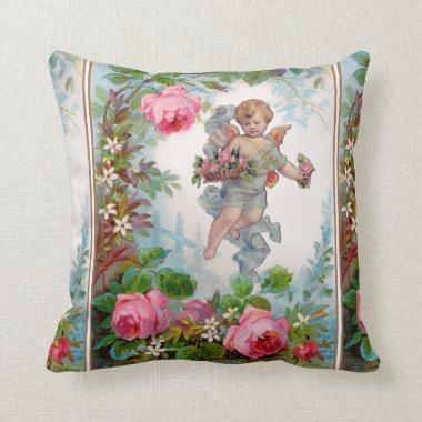 ROMANTIC ANGEL GATHERING PINK ROSES AND FLOWERS THROW PILLOW