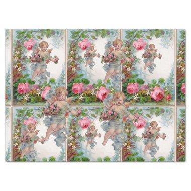 ROMANTIC ANGEL GATHERING PINK ROSES AND FLOWERS TISSUE PAPER