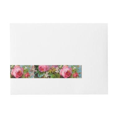 ROMANTIC ANGEL GATHERING PINK ROSES AND FLOWERS WRAP AROUND ADDRESS LABEL