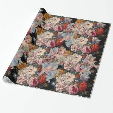 ROMANTIC ANGEL GATHERING PINK ROSES AND FLOWERS WRAPPING PAPER