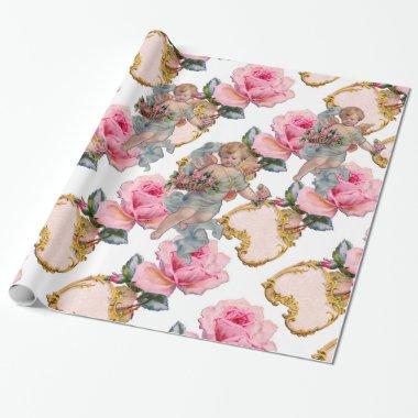 ROMANTIC ANGEL GATHERING PINK ROSES WRAPPING PAPER