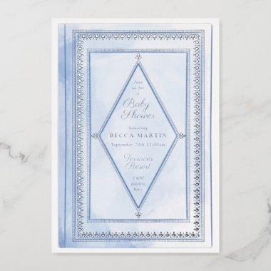 Romantic Antique Book Blue Bridal Shower Silver Fo Foil Invitations