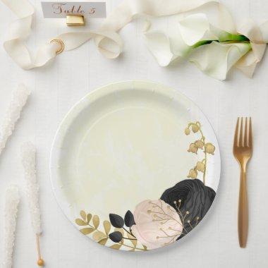 Romantic black & pink flowers gold wedding paper plates