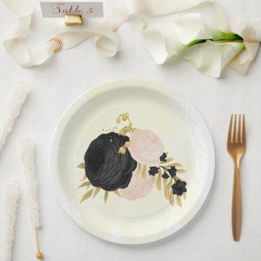 Romantic black & pink flowers gold wedding paper plates