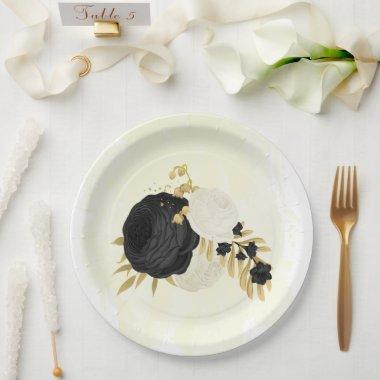 Romantic black & white flowers gold paper plates