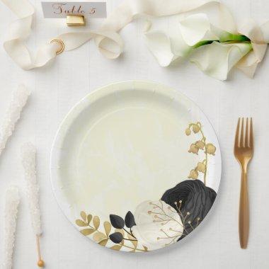 Romantic black & white flowers gold paper plates
