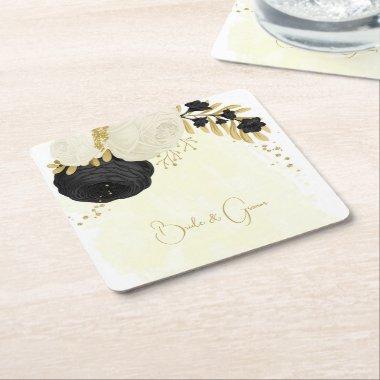 Romantic black & white flowers gold square paper coaster