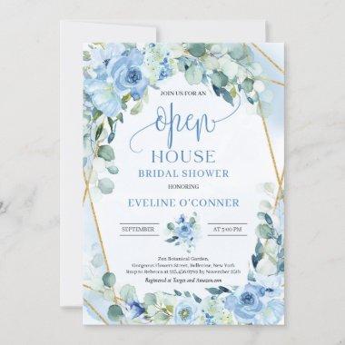 Romantic blue floral eucalyptus gold Open House Invitations