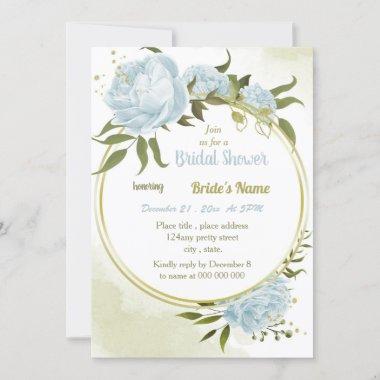 romantic blue floral gold wreath bridal shower Invitations