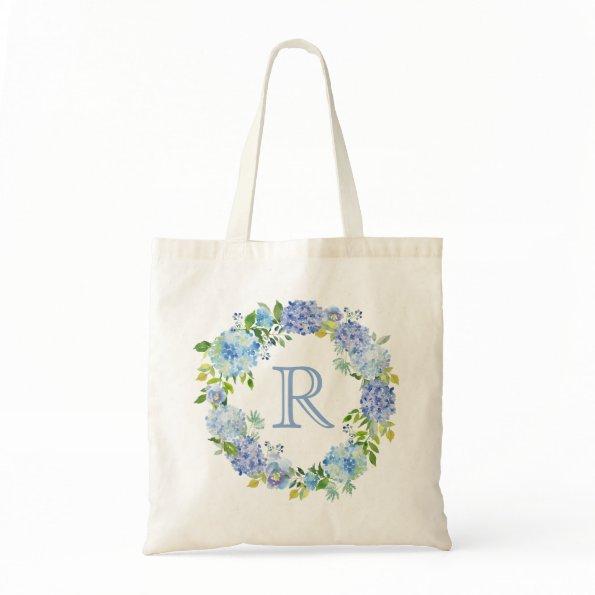 Romantic Blue Floral Monogram Tote Bag