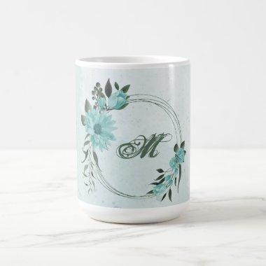 romantic blue flowers and green leaves coffee mug