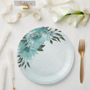 romantic blue flowers & green leaves paper plates