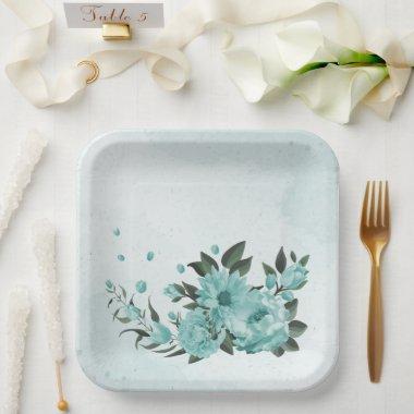 romantic blue flowers & green leaves paper plates