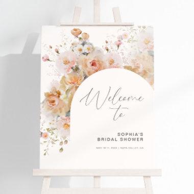 Romantic Blush Peach Floral Arch Welcome Sign