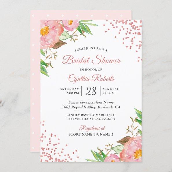 Romantic Blush Pink Floral Confetti Bridal Shower Invitations
