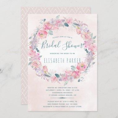 Romantic blush pink floral wreath bridal shower Invitations