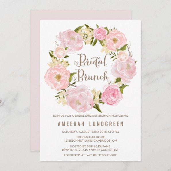 Romantic Blush Pink Peony Wreath Bridal Brunch Invitations