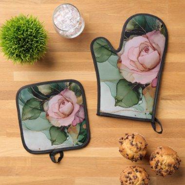 Romantic Blush Pink Rose Floral  Oven Mitt & Pot Holder Set