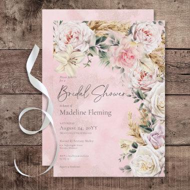 Romantic Boho Pink Roses & Pampas Bridal Shower Invitations