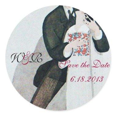 ROMANTIC BRIDE & GROOM SAVE THE DATE MONOGRAM CLASSIC ROUND STICKER