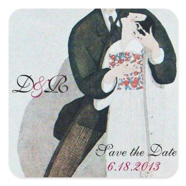 ROMANTIC BRIDE & GROOM SAVE THE DATE MONOGRAM SQUARE STICKER