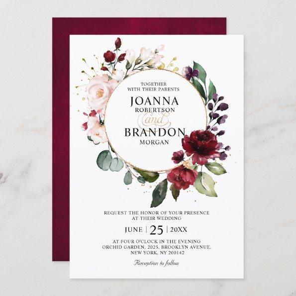 Romantic Burgundy Blush Floral Geometric Wedding Invitations