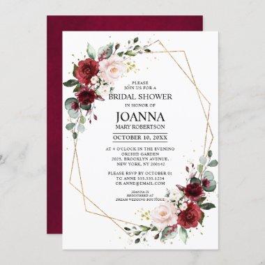 Romantic Burgundy Floral Geometric Bridal Shower Invitations