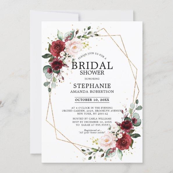 Romantic Burgundy Floral Geometric Bridal Shower Invitations