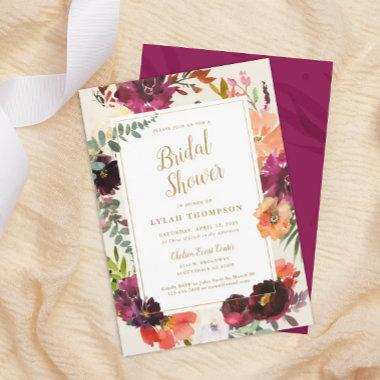 Romantic Burgundy + Peach Floral Bridal Shower Invitations