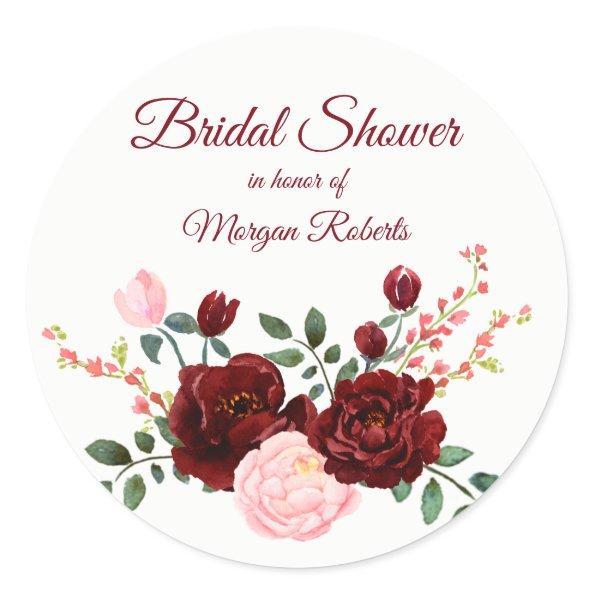 Romantic burgundy red pink rose Bridal Shower Classic Round Sticker