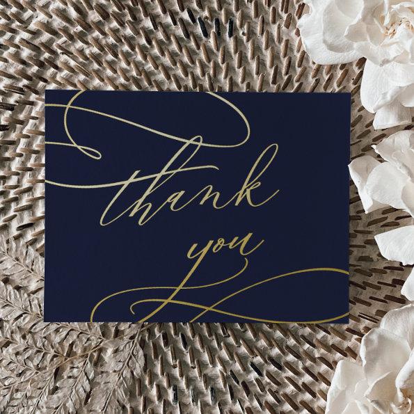 Romantic Calligraphy Gold Foil Navy Thank You Invitations