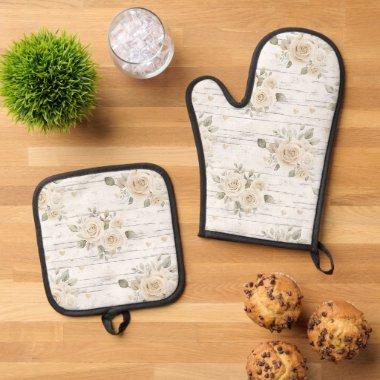 Romantic Cream White Floral Boho  Oven Mitt & Pot Holder Set